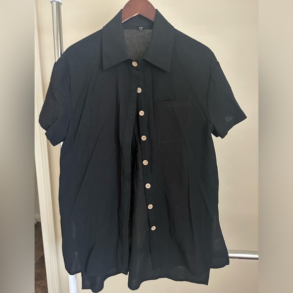 Women’s Short Sleeve Black Button Down Shirt - Picture 2 of 3